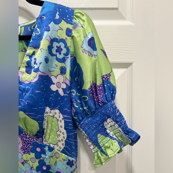 ASOS | Petite Satin Midi Tea Dress 8P Blue Green Abstract Floral Print - Picture 10 of 15